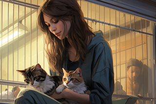 Girl with long dark hair holding two cats in front of a cage at an animal shelter.