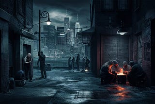 Poor people on the streets, shady characters under the lamp