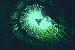 The view from an inner courtyard, enclosed by buildings, themed in Vue’s brand colors. In the sky, there thrones the Vue logo
