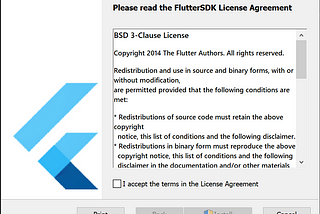The installation window of Flutter Installer with a License Agreement prompt being displayed.