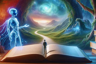 Image featuring a person standing on an open book in conversation with a larger, more ethereal and cyborg-like AI figure