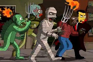 monsters holding pitchforks and fire