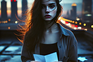Windy rooftop moment with strong expression
