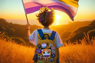 Child flying non-binary flag at sunset.