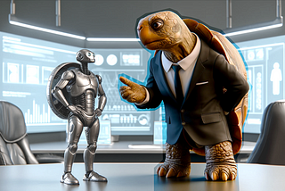 A CEO tortoise in a suit talking with a tiny robot.