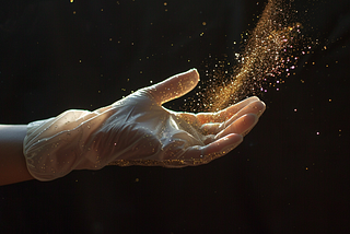 A woman’s hand wears a white glove sparkling with golden white Light.