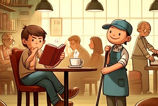 Cartoon: Person sitting in a coffee shop while someone is trying to clean the floor near them.