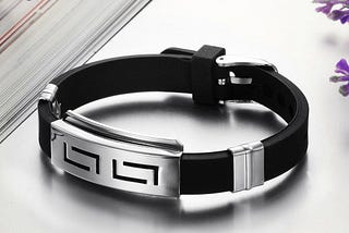 Yellow Chimes Black Silver Wristband Adjustable Leather Strap Bracelet for Men and Women