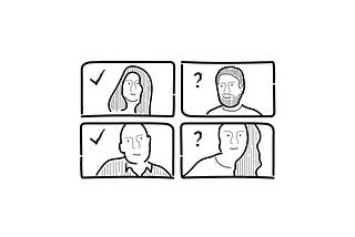 Drawing of colleagues on a video call in a tiled layout.