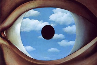 surrealist painting of a close-up of a blue eye with clouds in the iris