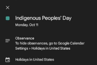 Why is it optional to hide Indigenous Peoples' Day in Google Calendar?