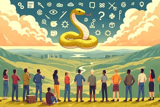 Developers on a hilltop observing a large Python snake in a scenic valley with mixed reactions, surrounded by tech tools and symbols.