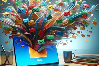 a laptop computer inbox with many colorful envelopes swirling out of it