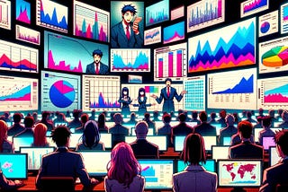 Manga style image showing people watching at multiple screens with data visualizations.