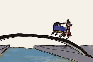 Cartoonish drawing of a woman in a dress crossing a bridge while holding a pram in the air