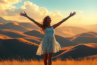 Image shows a woman standing in nature, her arms spread wide, a smile on her face.