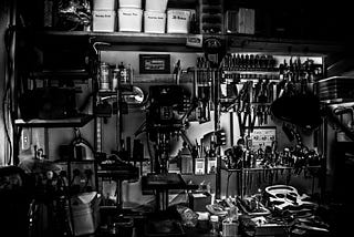 Grayscale photograph of metal tools