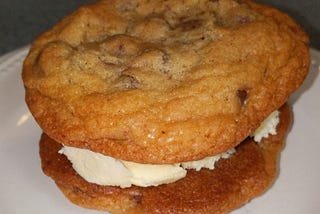 Beautiful chocolate chip cookie sandwich with homestyle vanilla ice cream.