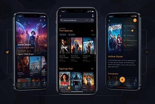 OTT streaming app interface on smartphones displaying video library, search, and playback features in a modern UI design.