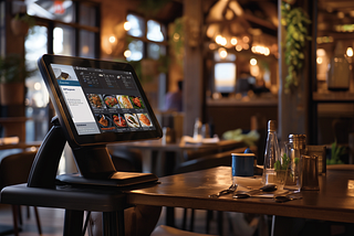 A modern restaurant’s wooden table featuring an interactive digital menu display, with the inviting glow of ambient lighting and cozy decor in the background.