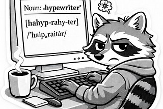 Frustrated raccoon sitting in front of computer with the word “Hypewriter” written on it.