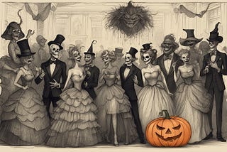 Black and white sketch of a Halloween party with actual monsters, zombies, skeletons, and witches
