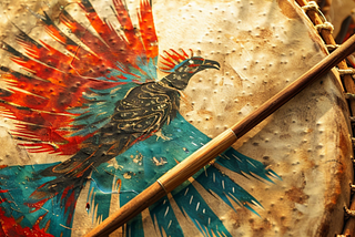 A large Native American powwow drum painted with an image of a phoenix; a large drumstick with a deerskin cover rests atop; it’s a sunshiny day