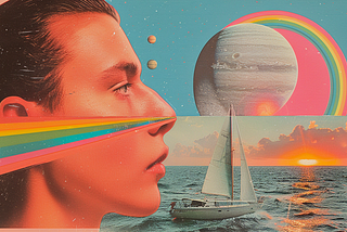 vintage collage of a man, spcae, rainbow, sailboat and sunset. AI image created on midjourney by henrique centieiro and bee lee.