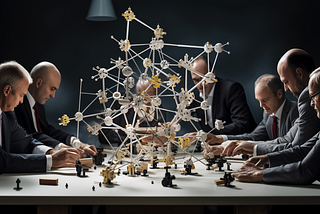A group of white business men build an elaborate tinker toy model reaching up to ceiling.