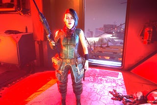 Your adopted sister greets you in a doorway in Rage 2.