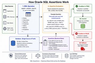 Contextual flow diagram of how various data sources feed into DML Operations, that result in SQL Assertions being evaluated. Successful output resulting in a database commit and failures resulting in a rollback.