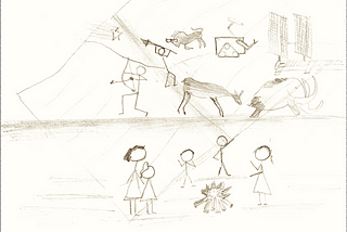 Kids around a campfire telling each other stories. The stories are illustrated in the style of cave paintings, including pre-historic animals, hunters, robots, and spacecraft.