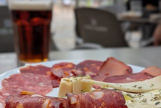 Beer, jamón and cheese at a bar in Valencia, Spain