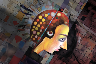 The digital illustration “Banging Heads” portrays a cubist rendition of a young person in a moment of intense expression. The face is captured mid-motion, as if in contact with an unseen barrier, emphasizing a sense of impact. The style is abstract, with geometric shapes and contrasting colors fragmenting the image, which may symbolize the inner turmoil and frustration often experienced by those on the autism spectrum when confronted with overwhelming situations.