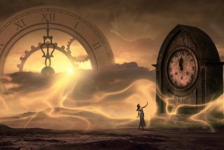 Woman seeing gigantic clock before here and another clock rising through clouds and mist nearby