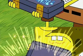 A Spongebob meme modified. In the top, titled “Steve Jobs’ Favourite ‘Desing’”, Spongebob holds a box titled “old reliable”. At the bottom, the box is opened to reveal “Bauhaus”.