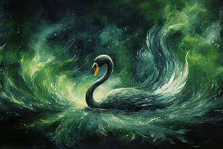 a black swan with green swirls and flames around it