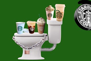 A toilet covered in Starbucks drinks and a lock and chain with a Starbucks sign.