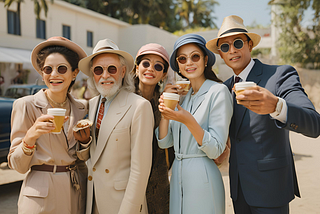 AI image showing a bunch of well-off people, men and women, holding drinks and smiling, as though at a camera… likely from the 60s or 70s by the way they’re dressed… they all have hats on.