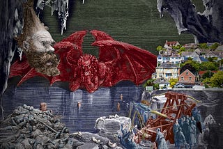 The icy chamber at the center of Dante’s hell, dominated by Satan, massive and peering around with his chin propped on his elbows, which rest of the ice-sheet. From the ceiling of the chamber dangles a massive, decapitated head, suspended by the hair. Beneath it is a pile of corpses in middle ages armor. On the opposite side of the chamber stands a suburban housing plot; another group of (living) soldiers in armour aim a giant catapult at it. Image: Lewis Clarke (modified) https://commons.wikim