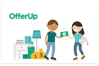 illustrated graphic of two people exchanging items for money with OfferUp branding