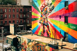 Street art that is bright and colorful, attention grabbing.