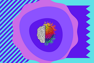 A colorful brain on a colorful background in purple and pink.