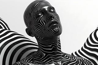 A person’s head and neck covered in a smooth black and white swirl design.