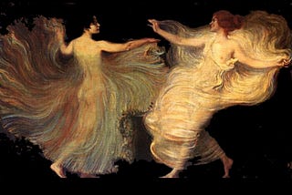 A painting by Franz Von Stuck entitled “Dancers”, depicting figures dancing while semi-clothed in flowing fabrics.