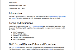 “CVE Program Policy and Procedure for Disputing a CVE Record,” Version 2.0, cover page