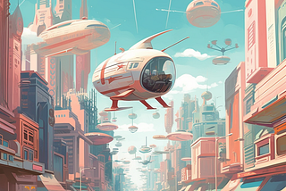 Illustrate a futuristic cityscape with sleek buildings, flying vehicles, and futuristic technology, using clean lines and a modern color palette.