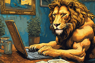 Lion with strong muscles sitting at a desk writing on laptop.