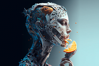 An AI robot woman eating juicy, dripping fruit which represents human creativity—Image by a prompted Midjourney