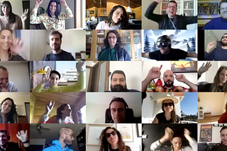 Screen shot of a zoom call with 25 people with dancing movements/expressions
